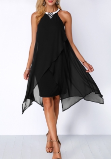 Embellished Neck Chiffon Overlay Black Dress