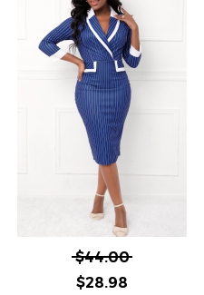 Striped Contrast Binding Dark Blue Bodycon Dress