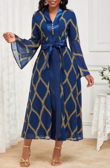 Tribal Print Patchwork Belted Navy New Year Dress