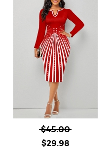 Geometric Print Split Red Long Sleeve Bodycon Dress