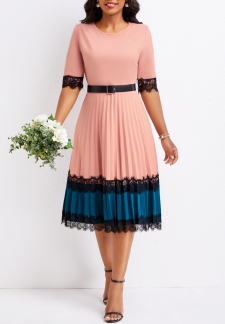 Lace Belted Dusty Pink Round Neck Dress
