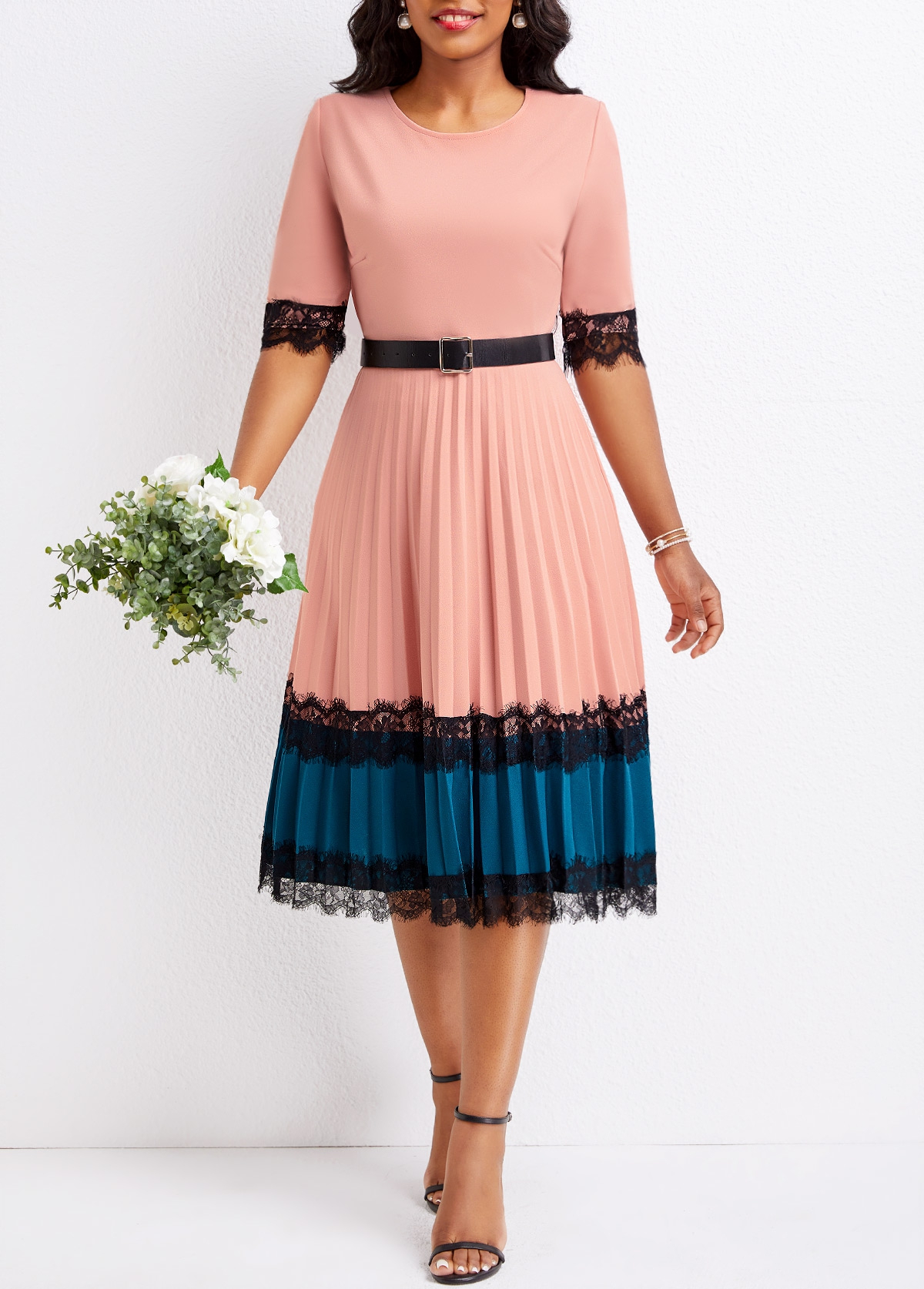 Lace Belted Dusty Pink Round Neck Dress