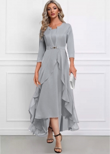 Fake 2in1 High Low Split Neck Light Grey Dress