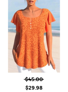 Orange Split Neck Short Sleeve Lace T Shirt
