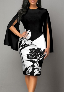 Long Sleeve Floral Print Black Round Neck Dress