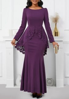 Dark Reddish Purple Long Sleeve Maxi Mermaid Bodycon Dress