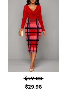 Red Plaid V Neck Long Sleeve Bodycon Dress