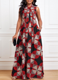 Geometric Print Ribbon Red A Line Sleeveless Dress