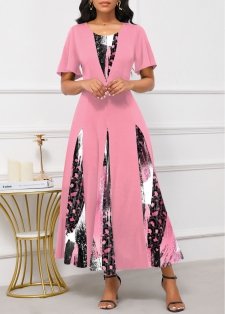 Graffiti Print Patchwork Pink Maxi Short Sleeve Dress
