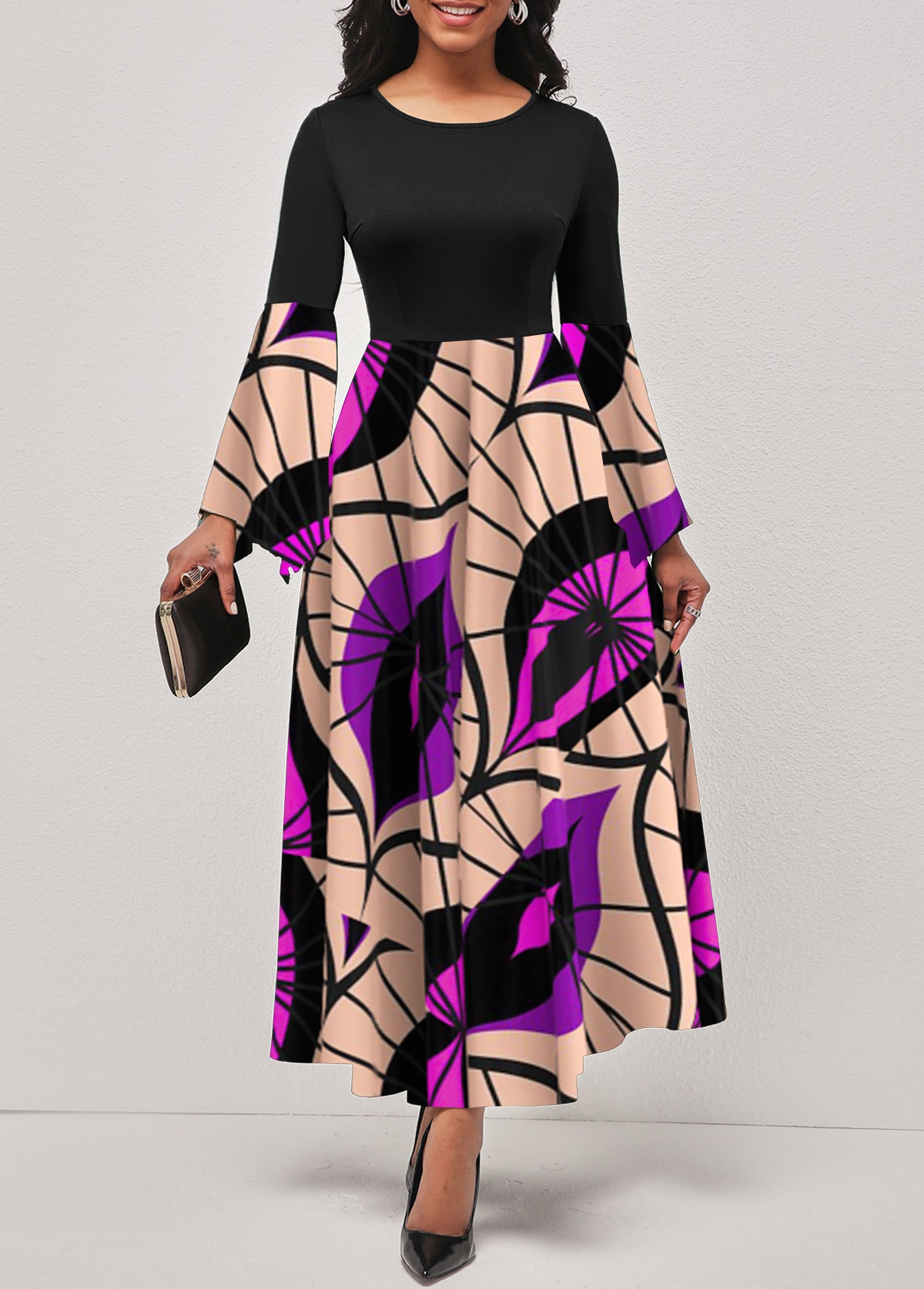 Tribal Print Hanky Sleeve Black Round Neck Dress