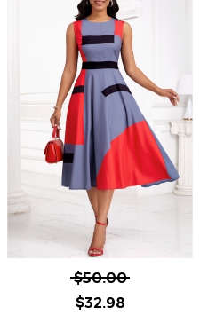 Geometric Print Patchwork Dusty Blue Long Sleeve Dress