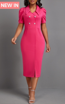 Button Hot Pink Short Sleeve Bodycon Dress