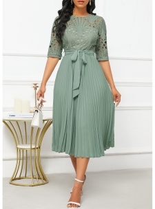 Patchwork Belted Sage Green Half Sleeve Round Neck Dress