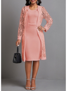 Round Neck Two Piece Pink Long Sleeve Dress and Cardigan