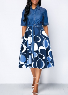 Geometric Print Circular Ring Belted Denim Blue Dress