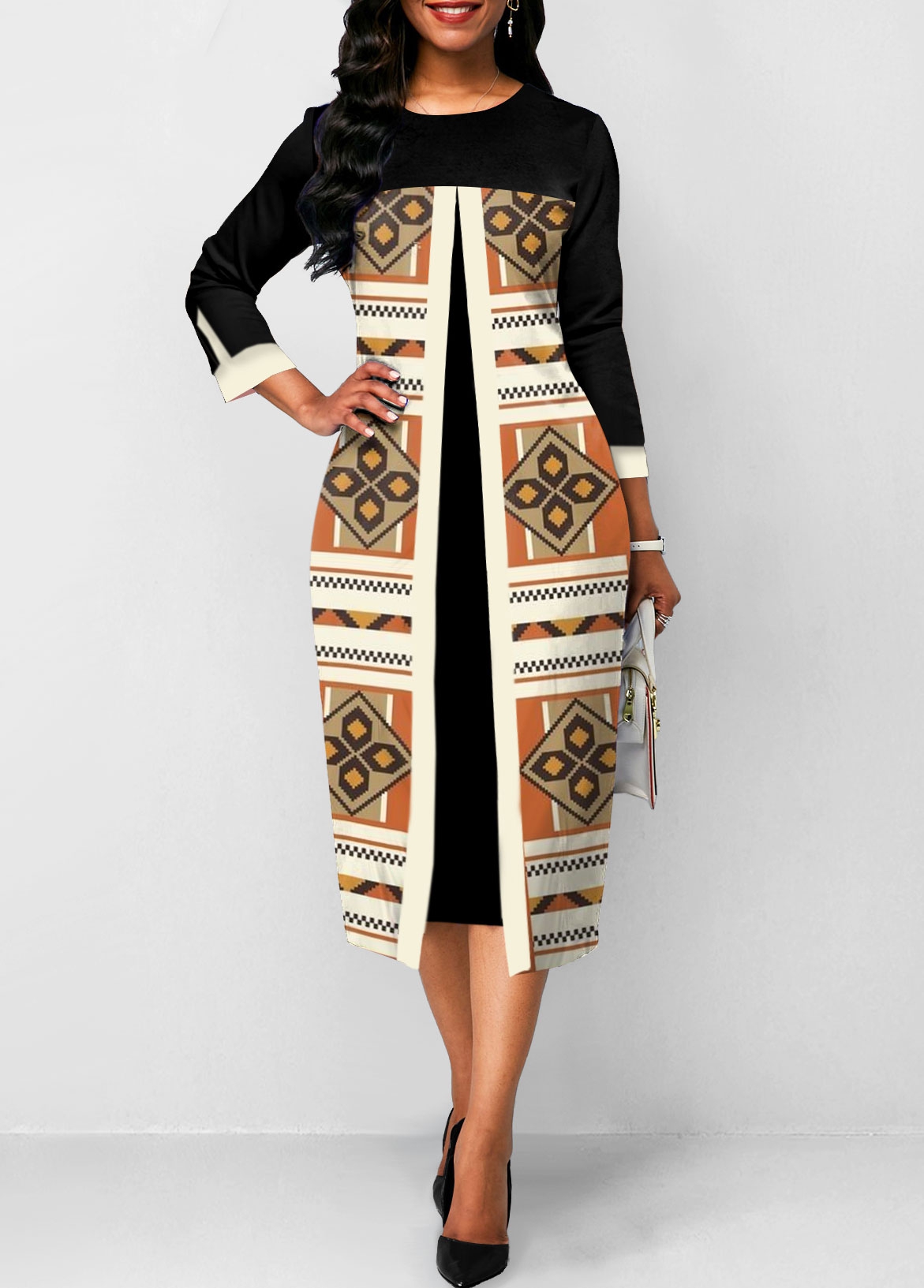 Tribal Print Fake 2in1 Black A Line Dress