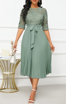 Patchwork Belted Sage Green Half Sleeve Round Neck Dress