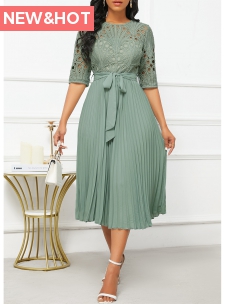 Patchwork Belted Sage Green Half Sleeve Round Neck Dress