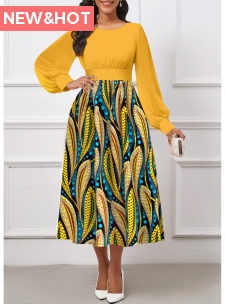 Tribal Print Umbrella Hem Yellow Long Sleeve Dress