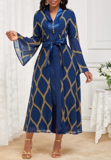 Tribal Print Patchwork Belted Navy New Year Dress