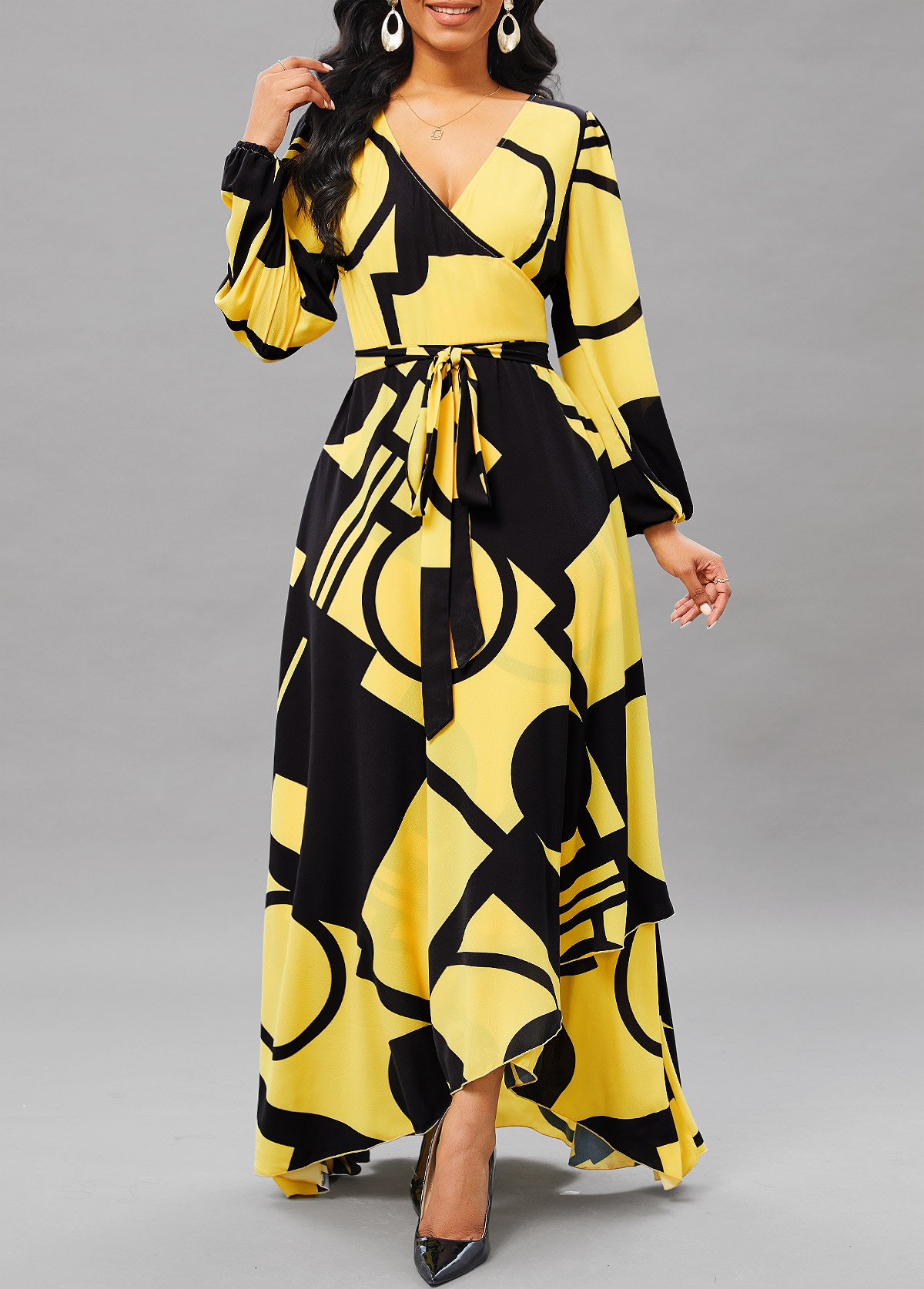 Geometric Print Cross Hem Light Yellow High Low Dress