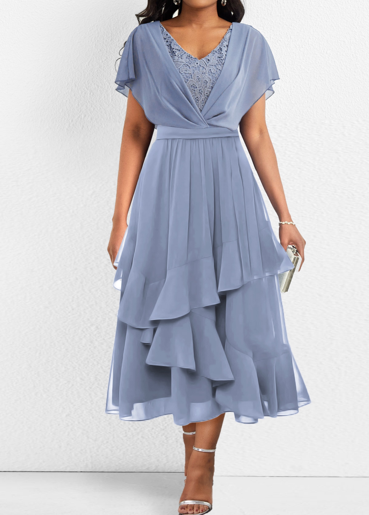 V Neck Asymmetry Dusty Blue Short Sleeve Dress