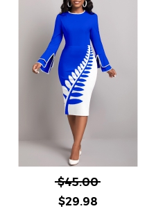 Leaf Print Patchwork Royal Blue Bodycon Dress