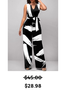 Graffiti Print Belted White Split Neck Jumpsuit
