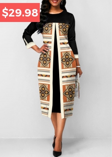 Tribal Print Fake 2in1 Black A Line Dress