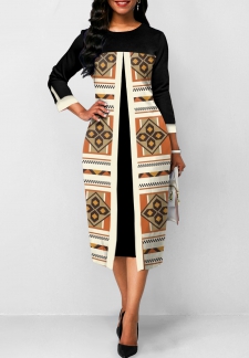 Tribal Print Fake 2in1 Black A Line Dress