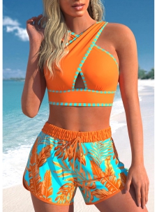 High Waisted Tropical Plants Print Bikini Set