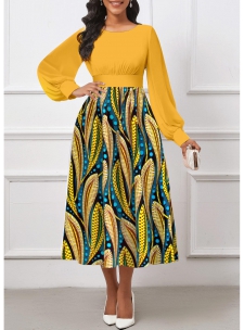 Tribal Print Umbrella Hem Yellow Long Sleeve Dress