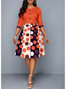 Geometric Print Button Orange Three Quarter Length Sleeve Dress