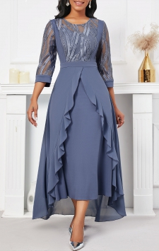 Dusty Blue High Low Round Neck Embroidery Dress