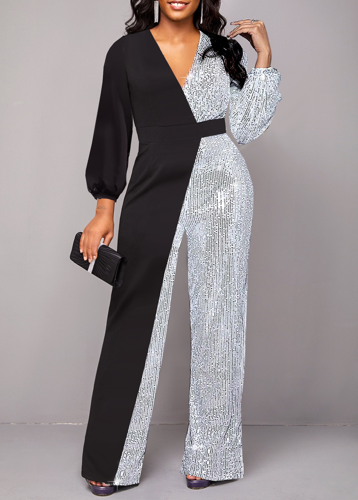 V Neck Sequin Black Long Jumpsuit