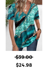 Marble Print Button Turquoise Short Sleeve T Shirt