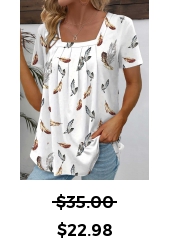 Feathers Print Ruched White Short Sleeve T Shirt