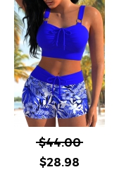 Floral Print Ruched Royal Blue Bikini Set