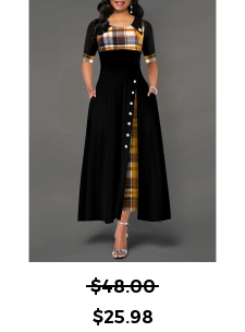 Decorative Button Ginger Plaid Round neck Dress