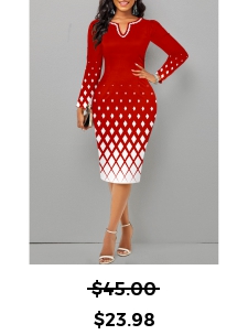 Geometric Print Split Christmas Red Long Sleeve Dress