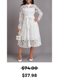 Lace Belted White Stand Collar Long Sleeve Dress