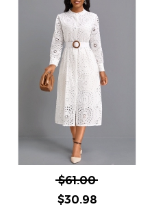 Button Belted White Round Neck Long Sleeve Dress