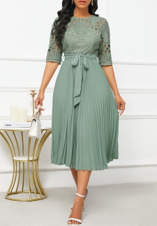 Patchwork Belted Sage Green Half Sleeve Round Neck Dress