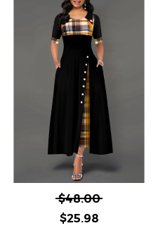 Decorative Button Ginger Plaid Round neck Dress