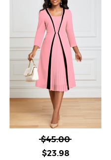 Pleated Hem Pink Square Neck Dress