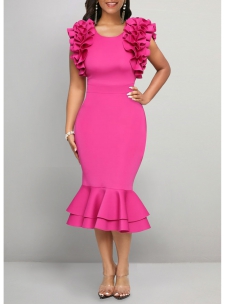 Ruffle Round Neck Hot Pink Bodycon Dress