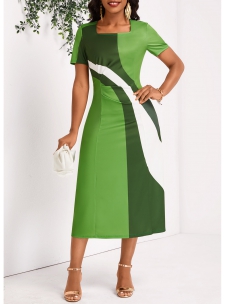 Geometric Print Ruched Grass Green Short Sleeve Dress
