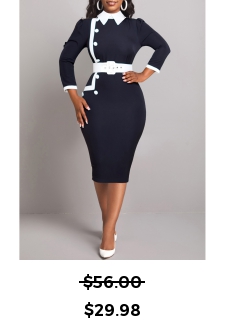 Contrast Binding Belted Black Polo Collar Dress