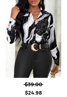 Galaxy Print Shirt Collar White Long Sleeve Blouse