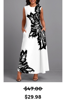 Leaf Print Pocket White Sleeveless Round Neck Maxi Dress